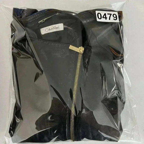 Calvin Klein Size 8 Vegan Black leather jacket gold hardware Asymmetrical Lined - Picture 16 of 16
